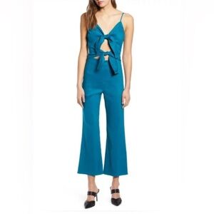 Leith Nordstrom Tie Front Jumpsuit Teal Sz XL $79 Crop Linen Blend NWT Sexy